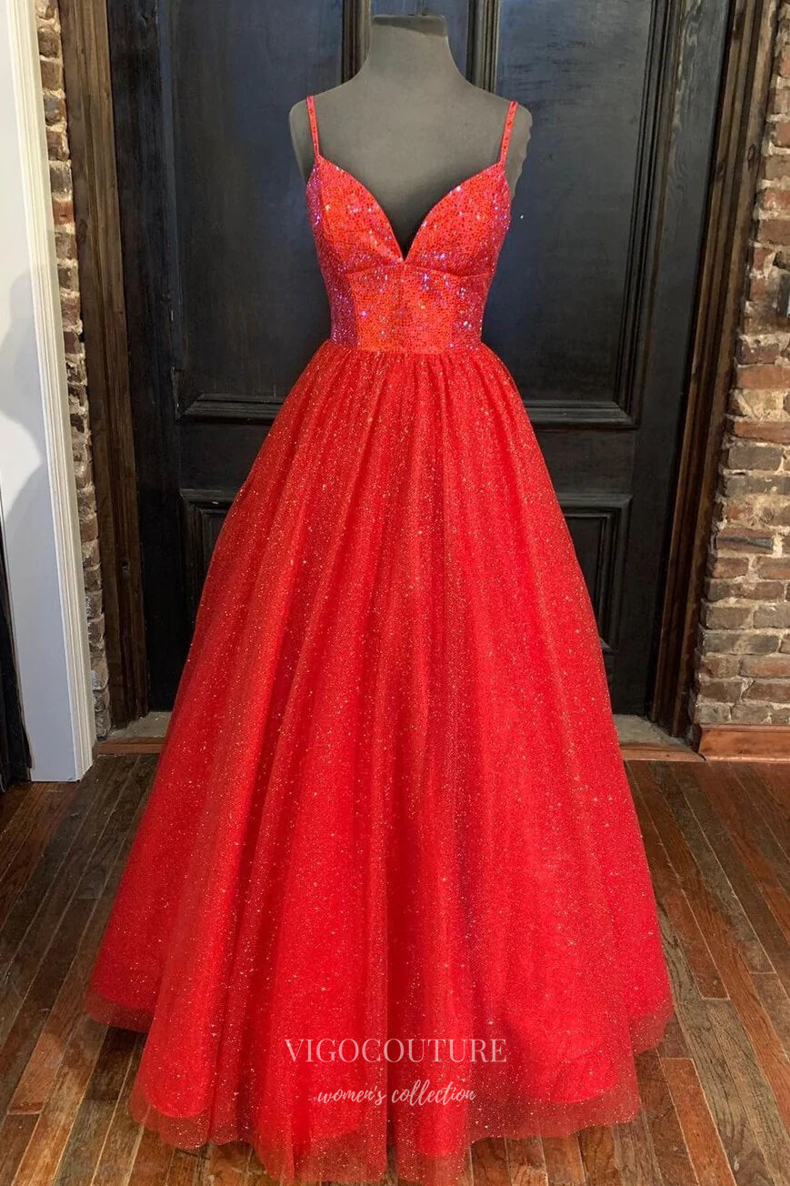 Prom Dress 2025 Red Sparkly Tulle Prom Dresses Spaghetti Strap V-Neck Formal Gown 21893-unique elegant Prom Dresses-Red-US2-vigocouture