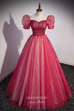 Red Sparkly Tulle Puffed Sleeve Formal Dress A-Line Beaded Prom Dresses 21666