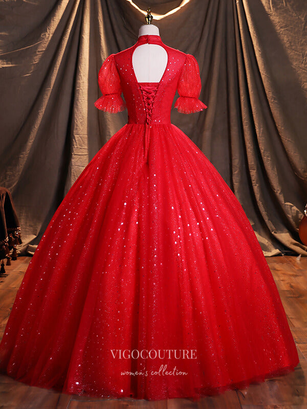 Red Sparkly Tulle Quinceanera Dresses Beaded Lace Applique Sweet 16 Dr – vigocouture