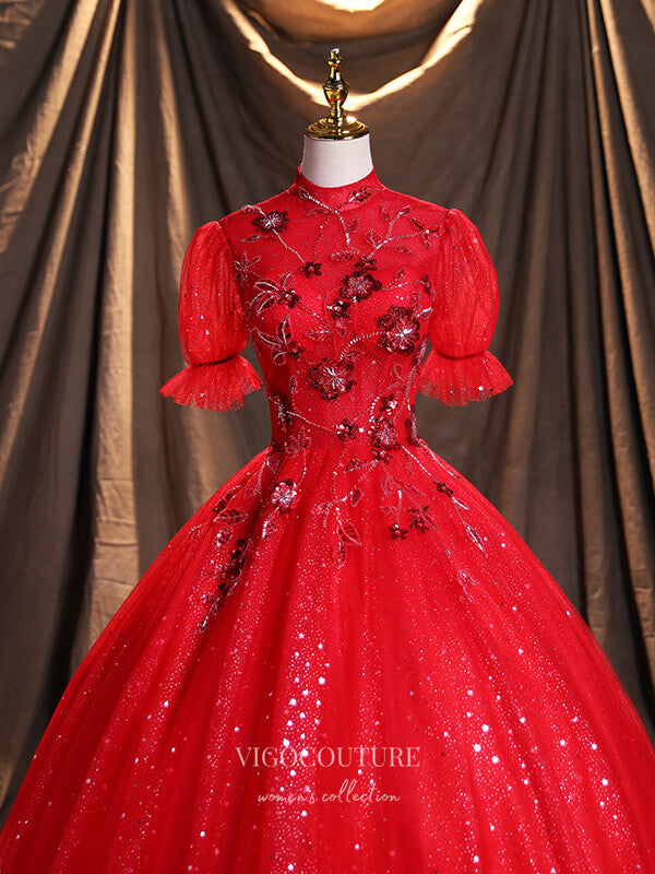 Prom Dress 2025 Red Sparkly Tulle Quinceanera Dresses Beaded Lace Applique Sweet 16 Dresses 21391-unique elegant Prom Dresses-Red-US2-vigocouture