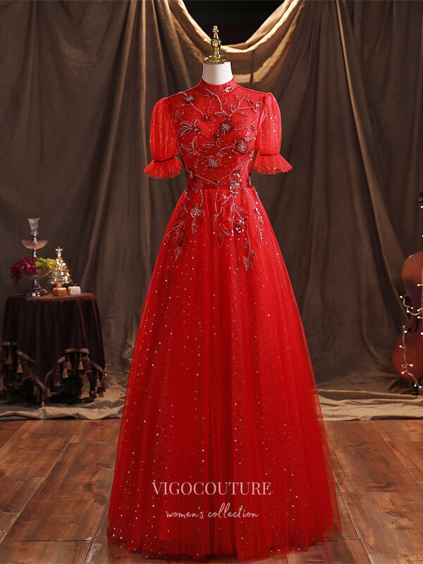 Prom Dress 2025 Red Sparkly Tulle Quinceanera Dresses Beaded Lace Applique Sweet 16 Dresses 21391-unique elegant Prom Dresses-Red-US2-vigocouture