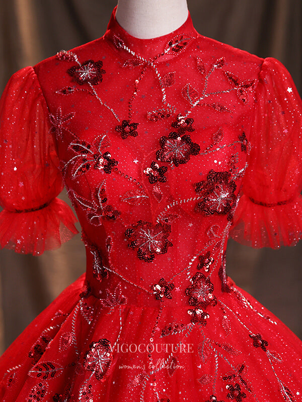 Prom Dress 2025 Red Sparkly Tulle Quinceanera Dresses Beaded Lace Applique Sweet 16 Dresses 21391-unique elegant Prom Dresses-Red-US2-vigocouture