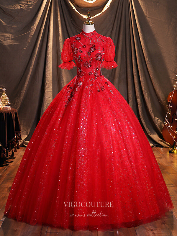 Prom Dress 2025 Red Sparkly Tulle Quinceanera Dresses Beaded Lace Applique Sweet 16 Dresses 21391-unique elegant Prom Dresses-Red-US2-vigocouture