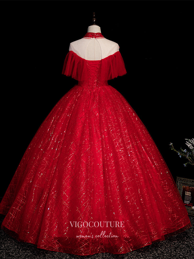 Prom Dress 2025 Red Sparkly Tulle Quinceanera Dresses Lace Applique Sweet 16 Dresses 21417-unique elegant Prom Dresses-Red-Custom Size-vigocouture