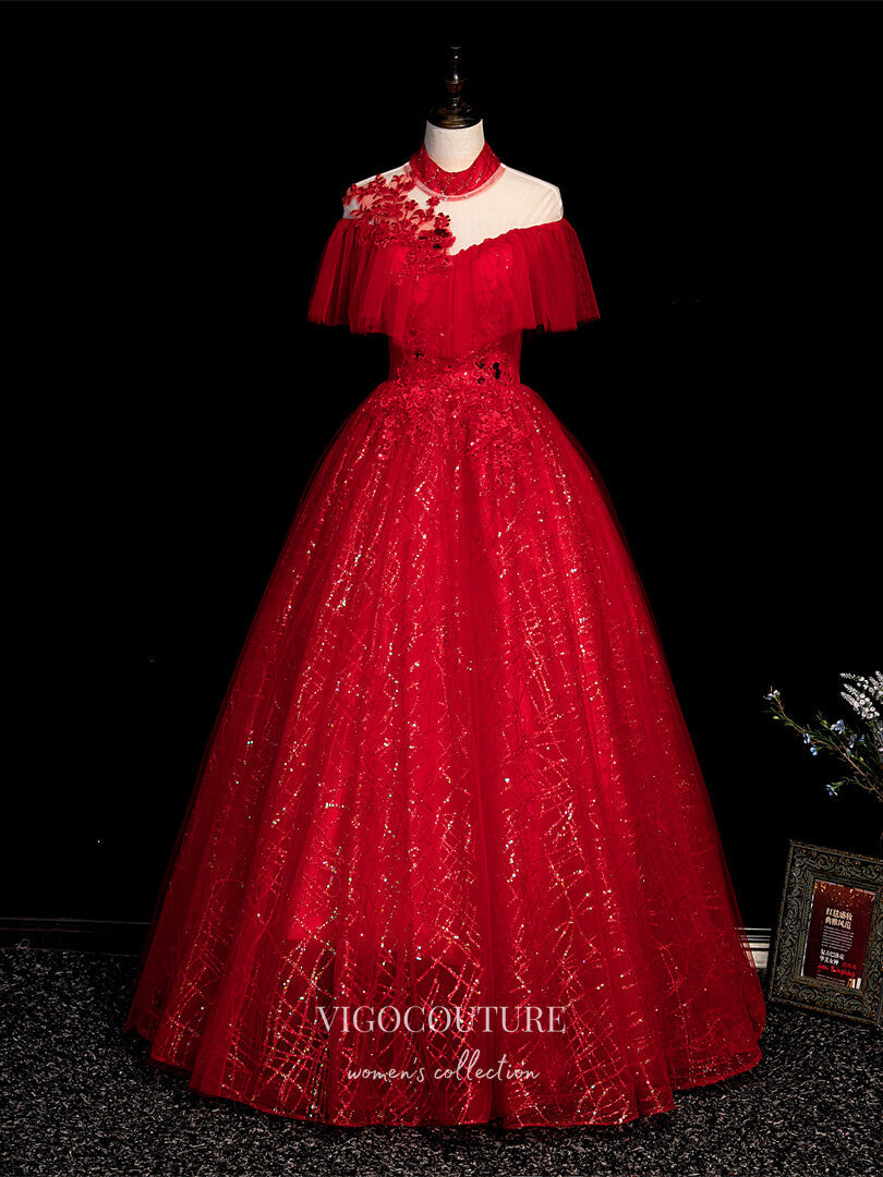 Prom Dress 2025 Red Sparkly Tulle Quinceanera Dresses Lace Applique Sweet 16 Dresses 21417-unique elegant Prom Dresses-Red-Custom Size-vigocouture