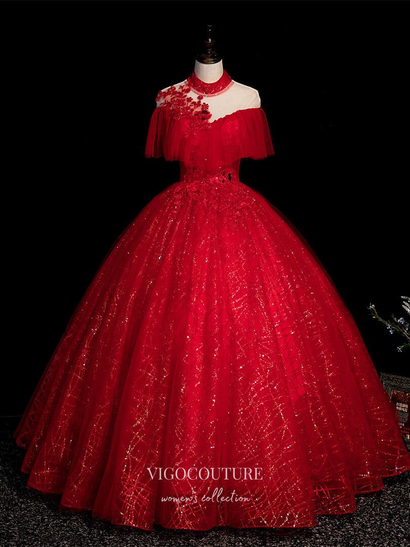 Prom Dress 2025 Red Sparkly Tulle Quinceanera Dresses Lace Applique Sweet 16 Dresses 21417-unique elegant Prom Dresses-Red-Custom Size-vigocouture