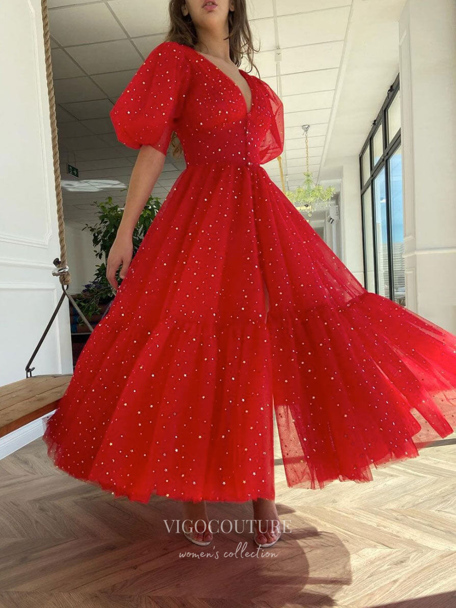 Red Starry Tulle Prom Dresses Tea-Length Puffed Sleeve Short Formal Dr vigocouture Red Starry Tulle Prom Dresses Tea-Length Puffed Sleeve Short Formal Dr vigocouture