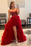 Red Strapless Formal Dresses Tiered Prom Dresses 21585