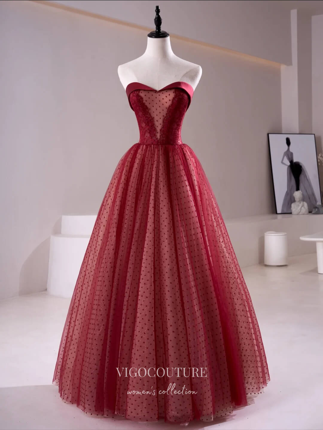 Prom Dress 2025 Red Strapless Prom Dresses Dotted Tulle Formal Dresses 21186-unique elegant Prom Dresses-Red-Custom Size-vigocouture