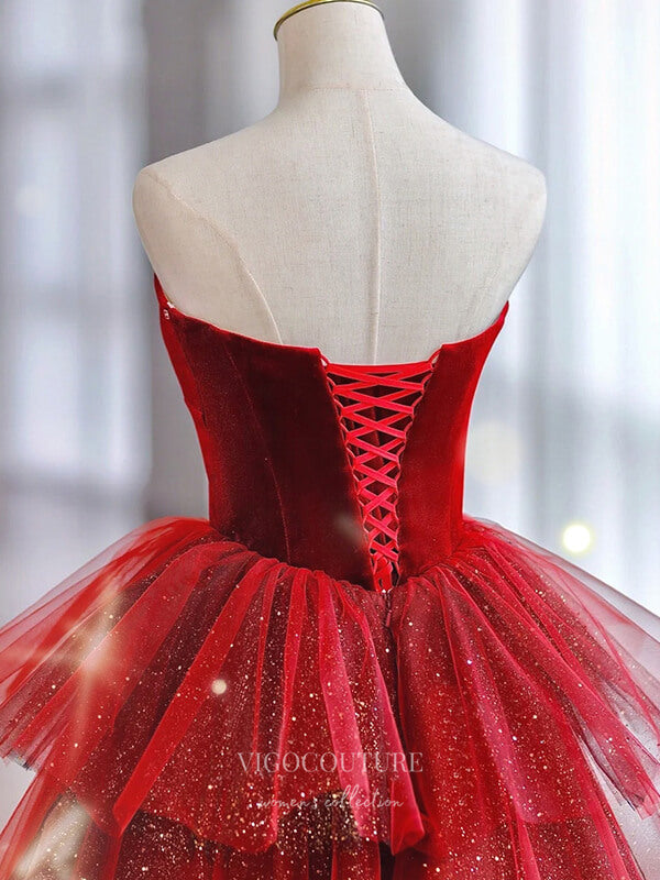 Prom Dress 2025 Red Strapless Prom Dresses Sparkly Tulle Formal Dresses 21049-unique elegant Prom Dresses-Red-Custom Size-vigocouture