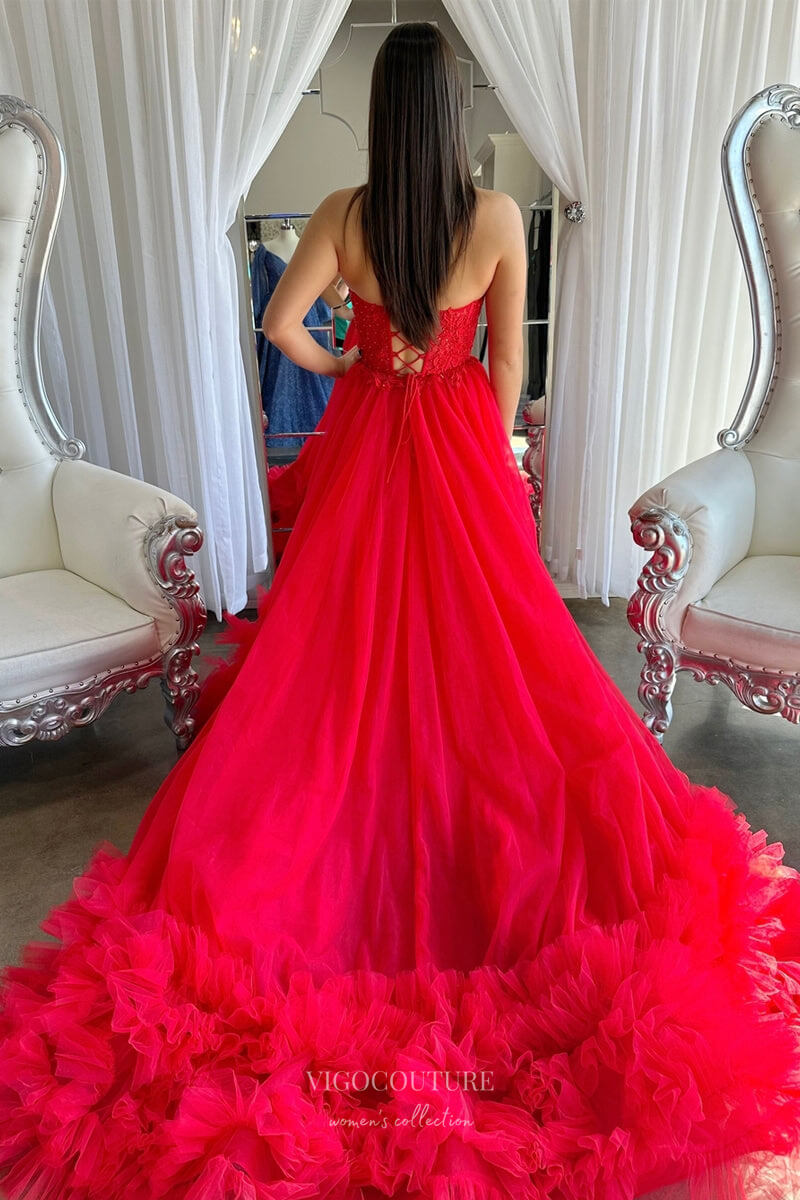 Red Strapless Ruffled Prom Dresses 2024 Beaded Lace Applique Bodice 24 vigocouture Red Strapless Ruffled Prom Dresses 2024 Beaded Lace Applique Bodice 24 vigocouture