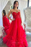 Prom Dress 2025 Red Strapless Ruffled Prom Dresses 2024 Beaded Lace Applique Bodice 24233-unique elegant Prom Dresses-Red-Custom Size-vigocouture