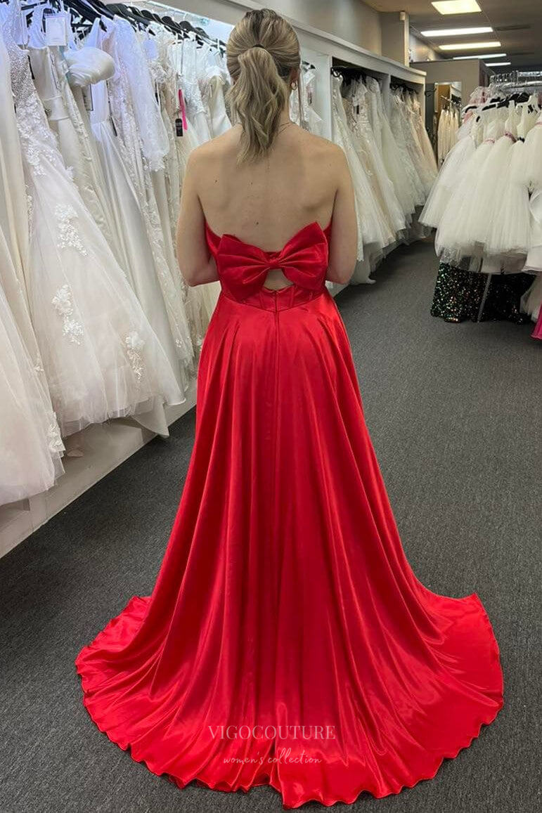 Red Strapless Satin Cheap Prom Dresses with Slit Bow-Tie Back Boned Bo vigocouture Red Strapless Satin Cheap Prom Dresses with Slit Bow-Tie Back Boned Bo vigocouture