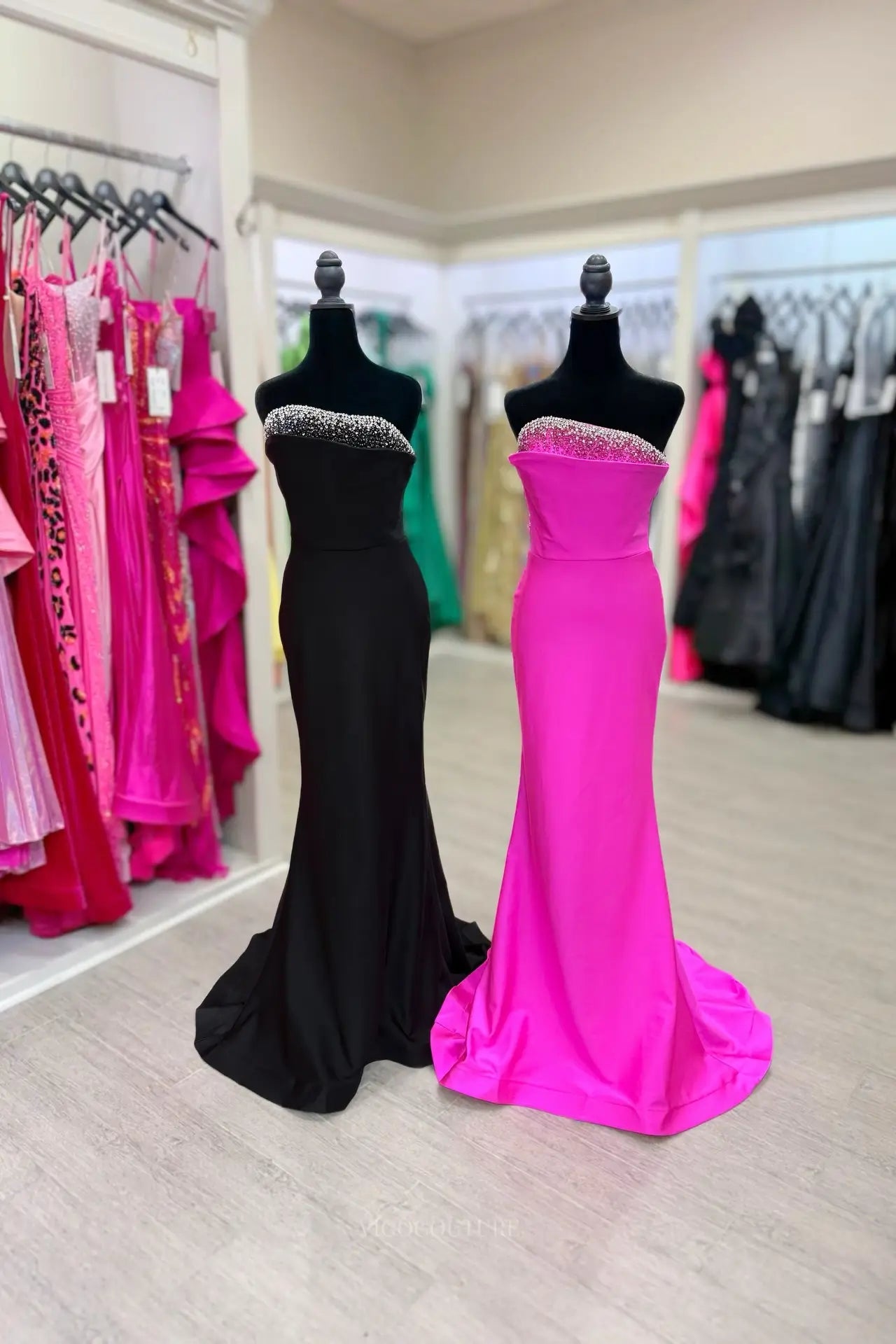 Prom Dresses 2025 to impress Red Strapless Satin Mermaid Prom Dress with Rhinestone Trim Straight Neckline & Sweep Train – 26082-vigocouture-Black-US 0-vigocouture