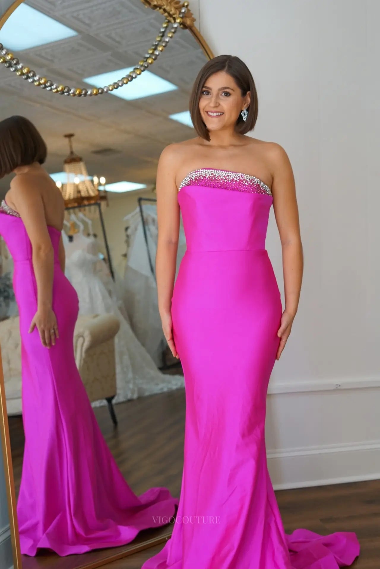 Prom Dresses 2025 to impress Red Strapless Satin Mermaid Prom Dress with Rhinestone Trim Straight Neckline & Sweep Train – 26082-vigocouture-Fuchsia-US 0-vigocouture
