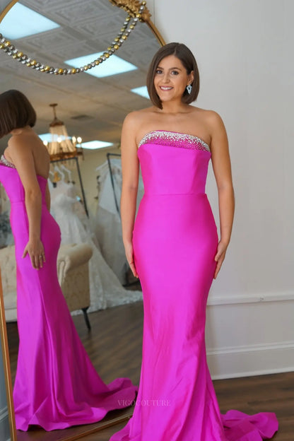 Prom Dresses 2025 to impress Red Strapless Satin Mermaid Prom Dress with Rhinestone Trim Straight Neckline & Sweep Train – 26082-vigocouture-Fuchsia-US 0-vigocouture