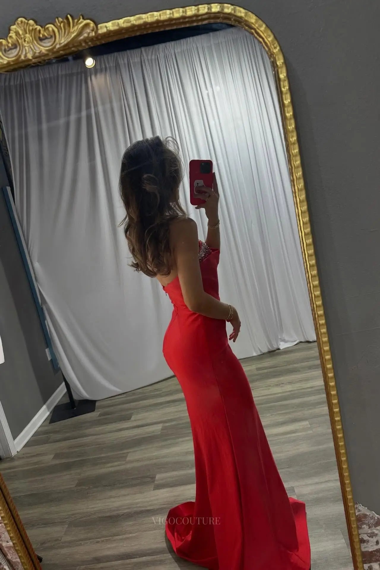 Prom Dresses 2025 to impress Red Strapless Satin Mermaid Prom Dress with Rhinestone Trim Straight Neckline & Sweep Train – 26082-vigocouture-vigocouture