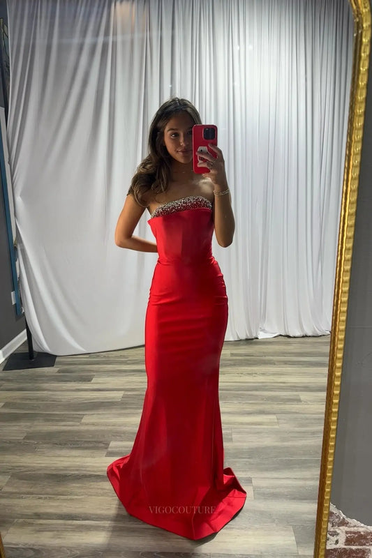 Prom Dresses 2025 to impress Red Strapless Satin Mermaid Prom Dress with Rhinestone Trim Straight Neckline & Sweep Train – 26082-vigocouture-Red-US 0-vigocouture