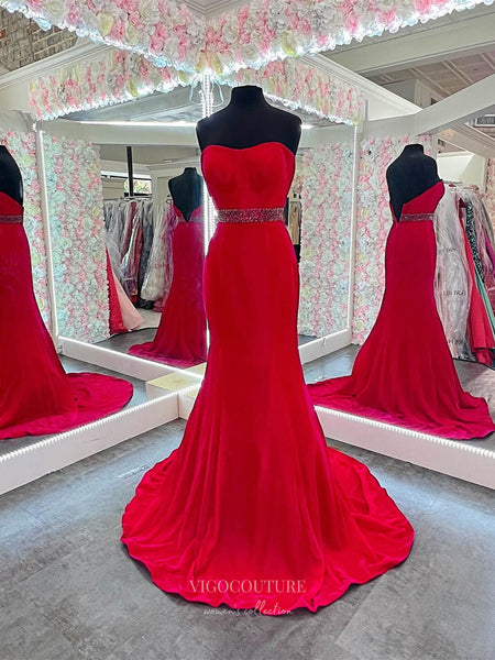 red open back mermaid prom dress Red Strapless Satin Mermaid Prom Dresses Beaded Belt Open Back 24156 –  vigocouture