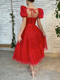 Short Prom Dresses 2025 Red Tea-Length Prom Dresses Puffed Sleeve Starry Tulle Homecoming Dress 21759-Prom Dresses-vigocouture-vigocouture