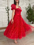 Short Prom Dresses 2025 Red Tea-Length Prom Dresses Puffed Sleeve Starry Tulle Homecoming Dress 21759-Prom Dresses-vigocouture-Red-US2-vigocouture