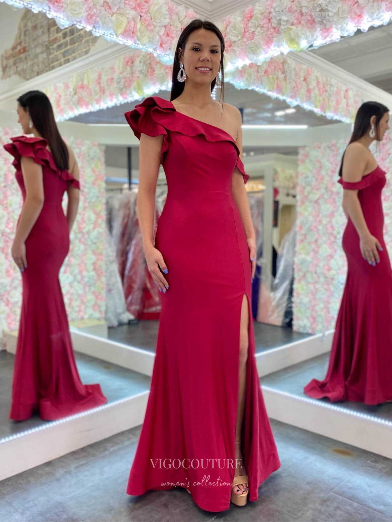 Prom Dress 2025 Red Tiered One Shoulder Prom Dresses with Slit Satin Mermaid Evening Gown 24105-unique elegant Prom Dresses-Red-Custom Size-vigocouture