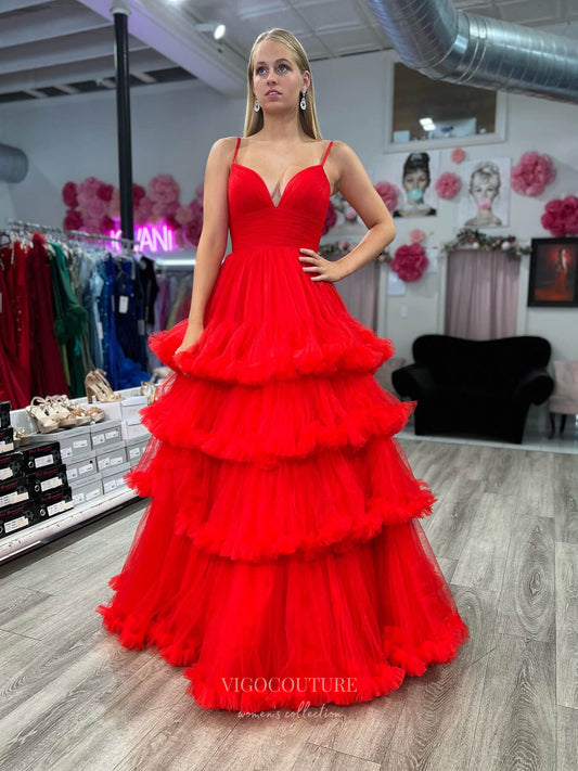 Prom Dress 2025 Red Tiered Prom Dresses Pleated Bodice Spaghetti Strap 24187-unique elegant Prom Dresses-Red-Custom Size-vigocouture