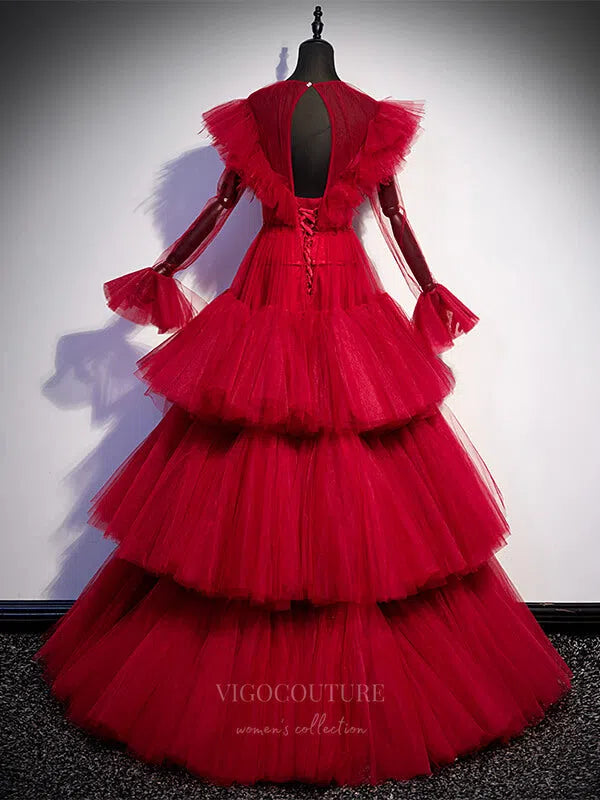 Prom Dress 2025 Red Tiered Quinceanera Dresses Tulle Sweet 16 Dresses 20906-unique elegant Prom Dresses-Red-Custom Size-vigocouture