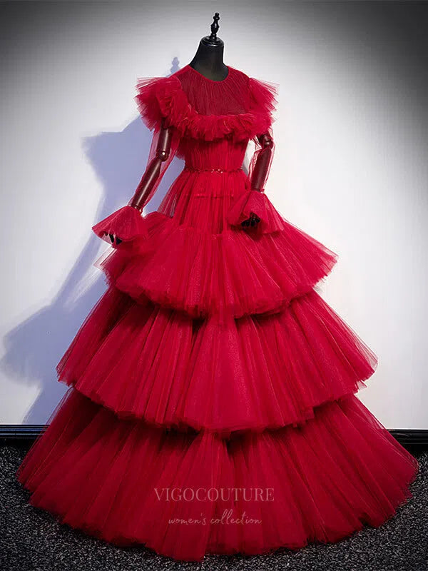 Prom Dress 2025 Red Tiered Quinceanera Dresses Tulle Sweet 16 Dresses 20906-unique elegant Prom Dresses-Red-Custom Size-vigocouture