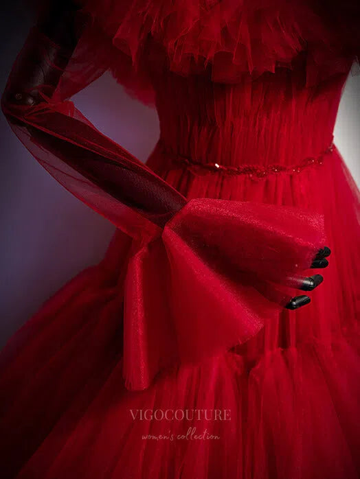 Prom Dress 2025 Red Tiered Quinceanera Dresses Tulle Sweet 16 Dresses 20906-unique elegant Prom Dresses-Red-Custom Size-vigocouture