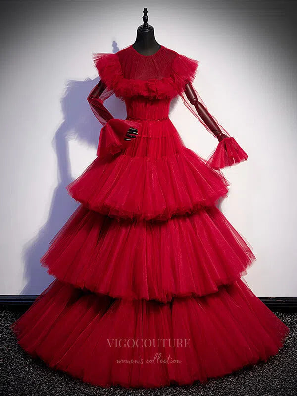 Prom Dress 2025 Red Tiered Quinceanera Dresses Tulle Sweet 16 Dresses 20906-unique elegant Prom Dresses-Red-Custom Size-vigocouture