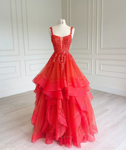 Prom Dresses 2025 to impress Red Tiered Ruffle Prom Ball Gown with Plunging Beaded Lace Corset - P26018-vigocouture-vigocouture