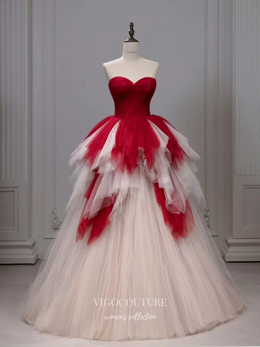 Prom Dress 2025 Red Tiered Ruffled Quinceanera Dresses 2025 Strapless Sweetheart Tulle Ball Gown 25058-unique elegant Prom Dresses-Red-Custom Size-vigocouture