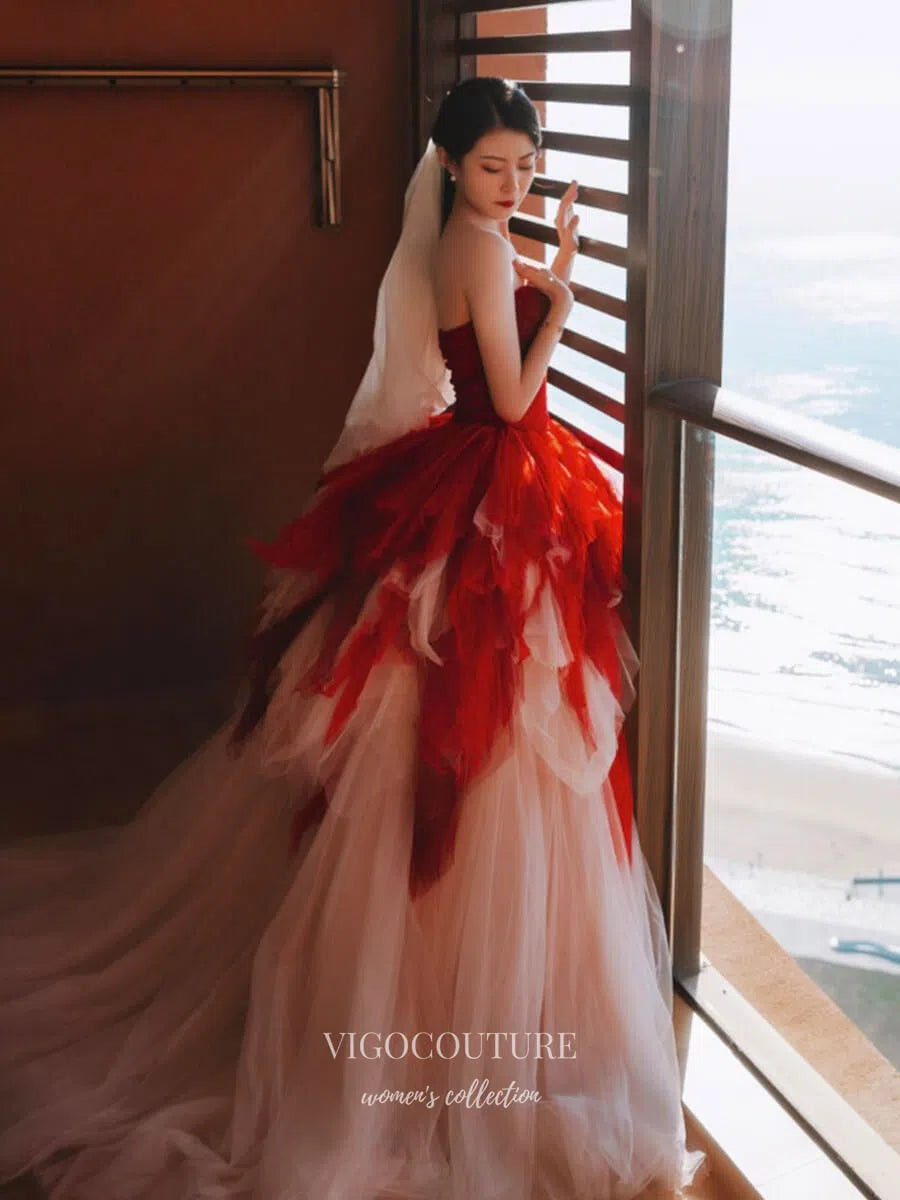 Red Tiered Ruffled Quinceanera Dresses 2025 Strapless Sweetheart Tulle Ball Gown 25058 Custom Colors / US8 Red Tiered Ruffled Quinceanera Dresses 2025 Strapless Sweetheart Tulle Ball Gown 25058 Custom Colors / US8