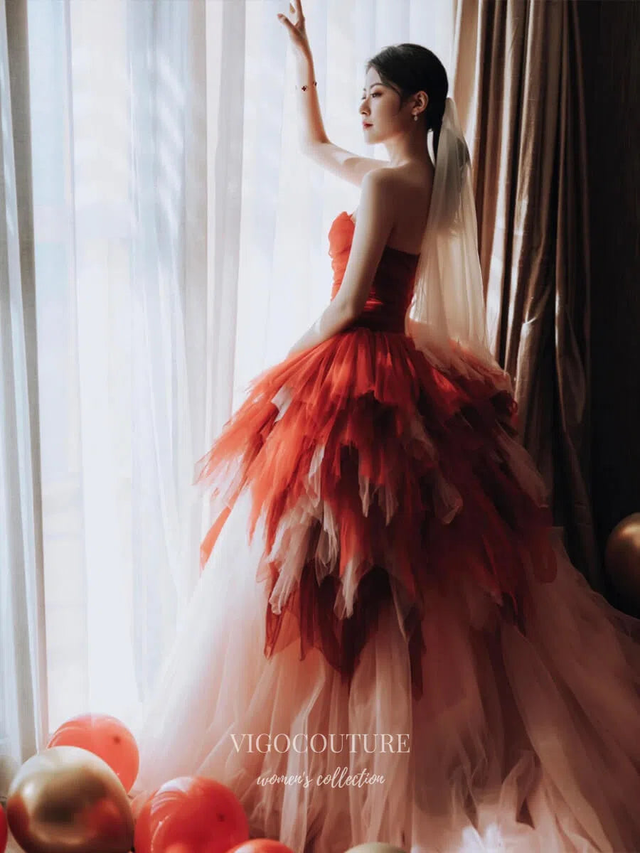 Red Tiered Ruffled Quinceanera Dresses 2025 Strapless Sweetheart Tulle – vigocouture