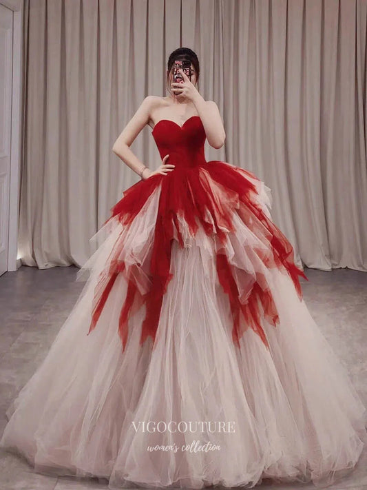 Prom Dress 2025 Red Tiered Ruffled Quinceanera Dresses 2025 Strapless Sweetheart Tulle Ball Gown 25058-unique elegant Prom Dresses-Red-Custom Size-vigocouture