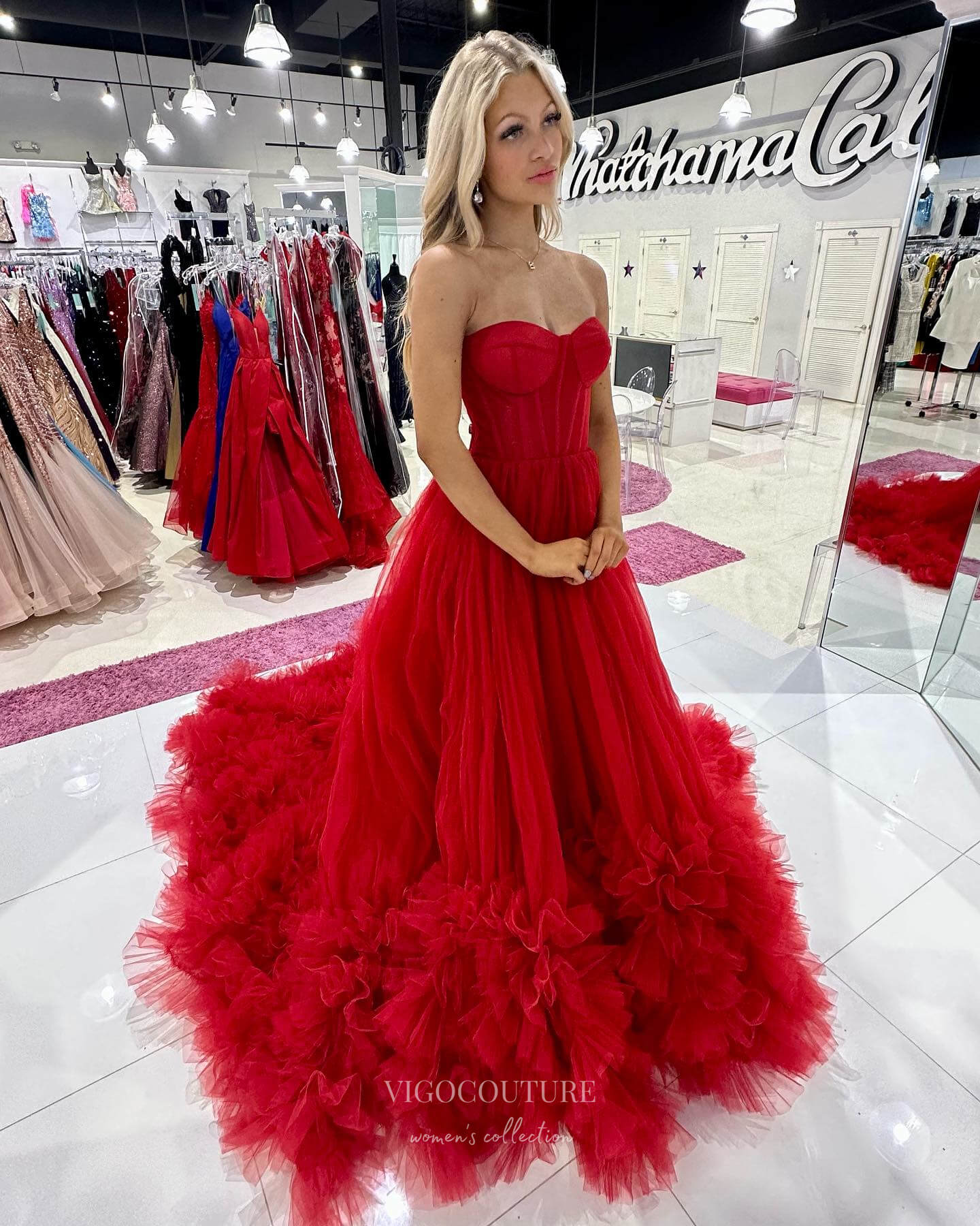 Red Tulle Strapless Tulle Prom Dress Red Tiered Tulle Prom Dresses