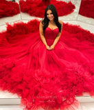 Prom Dress 2025 Red Tiered Tulle Prom Dresses Strapless Formal Gown 24034-unique elegant Prom Dresses-Red-Custom Size-vigocouture