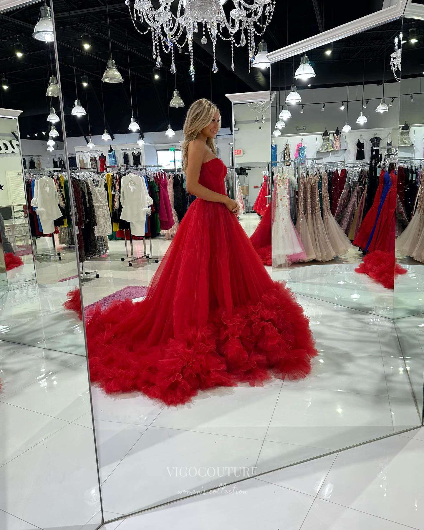 Prom Dress 2025 Red Tiered Tulle Prom Dresses Strapless Formal Gown 24034-unique elegant Prom Dresses-Red-Custom Size-vigocouture