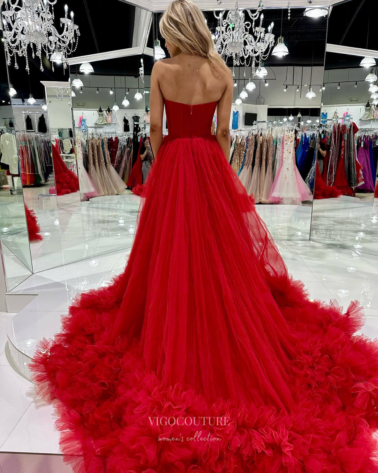 Red Tiered Tulle Prom Dresses Strapless Formal Gown 24034 vigocouture Red Tiered Tulle Prom Dresses Strapless Formal Gown 24034 vigocouture