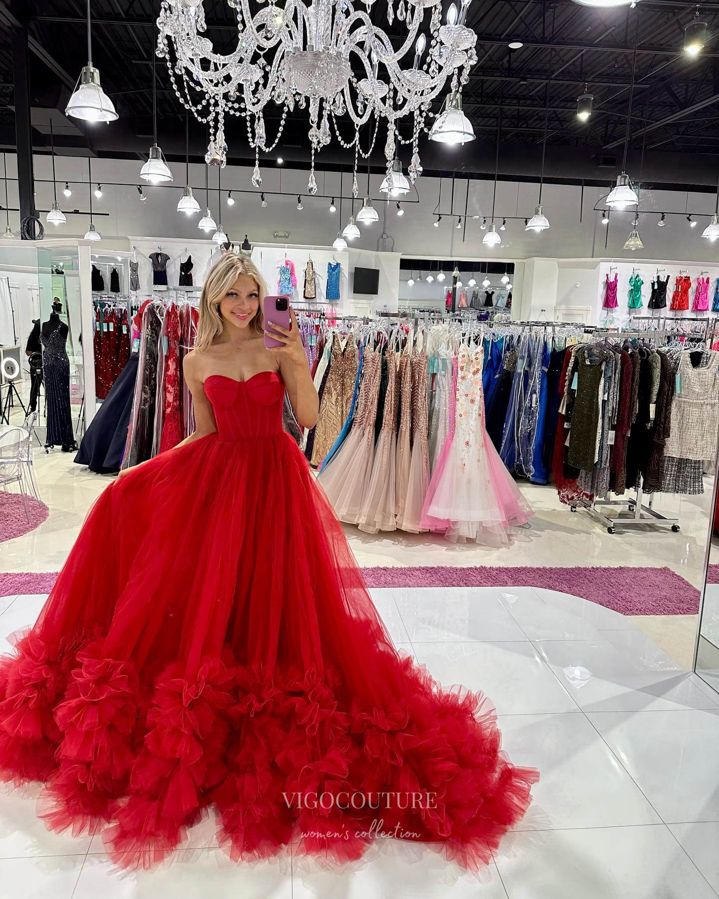 Prom Dress 2025 Red Tiered Tulle Prom Dresses Strapless Formal Gown 24034-unique elegant Prom Dresses-Red-Custom Size-vigocouture