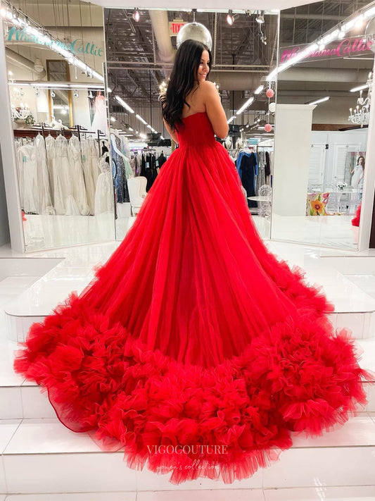 Prom Dress 2025 Red Tiered Tulle Prom Dresses Strapless Formal Gown 24034-unique elegant Prom Dresses-Red-Custom Size-vigocouture