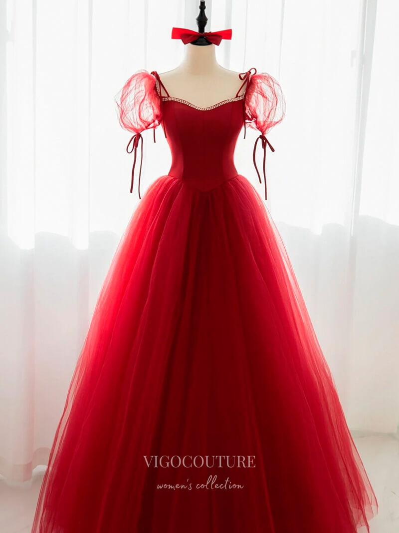 Red Tulle Prom Dresses Puffed Sleeve Formal Dresses 21046