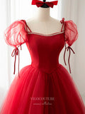 Prom Dress 2025 Red Tulle Prom Dresses Puffed Sleeve Formal Dresses 21046-unique elegant Prom Dresses-Red-Custom Size-vigocouture