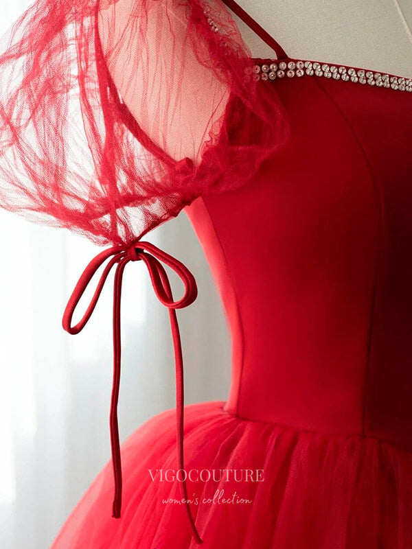 Red Tulle Prom Dresses Puffed Sleeve Formal Dresses 21046 Custom Colors / US4 Red Tulle Prom Dresses Puffed Sleeve Formal Dresses 21046 Custom Colors / US4