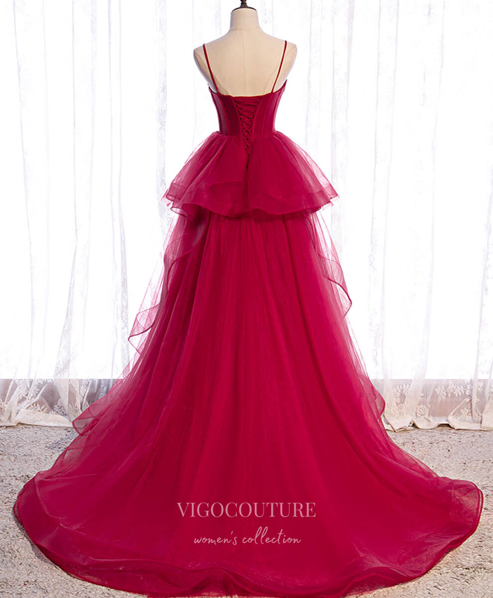 Prom Dress 2025 Red Tulle Prom Dresses Ruffled Spaghetti Strap Formal Gown 21865-unique elegant Prom Dresses-Red-US2-vigocouture