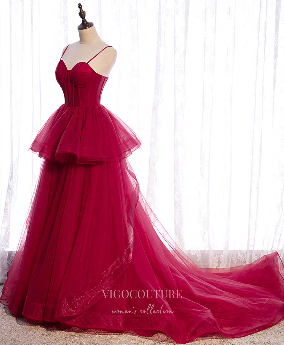 Prom Dress 2025 Red Tulle Prom Dresses Ruffled Spaghetti Strap Formal Gown 21865-unique elegant Prom Dresses-Red-US2-vigocouture