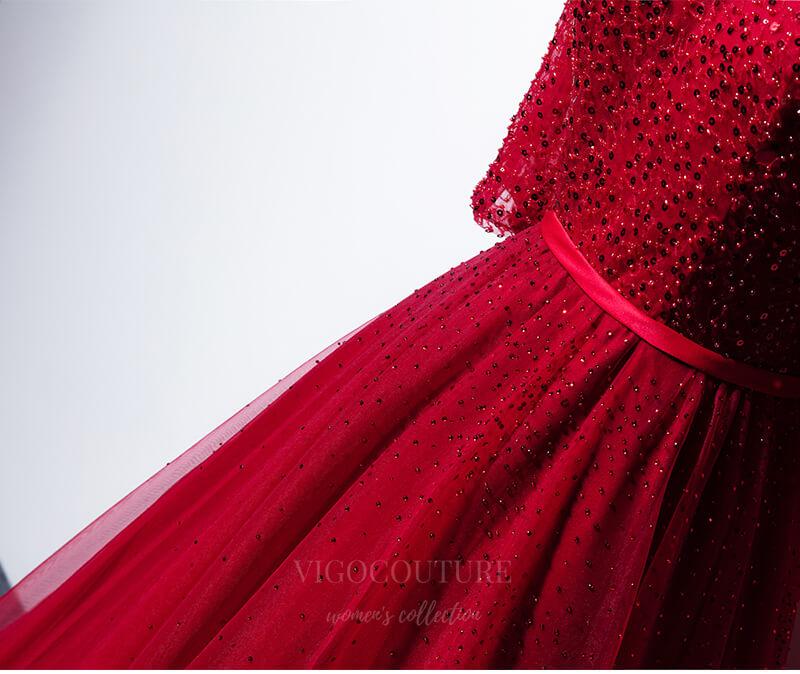 Prom Dress 2025 Red V-Neck 3/4 Sleeve Prom Dress 20663-unique elegant Prom Dresses-Red-US2-vigocouture