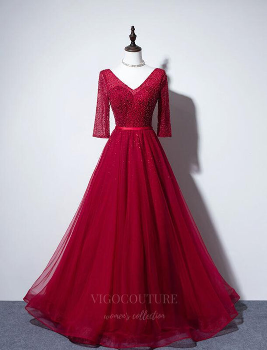 Prom Dress 2025 Red V-Neck 3/4 Sleeve Prom Dress 20663-unique elegant Prom Dresses-Red-US2-vigocouture