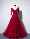 Red V-Neck 3/4 Sleeve Prom Dress 20663